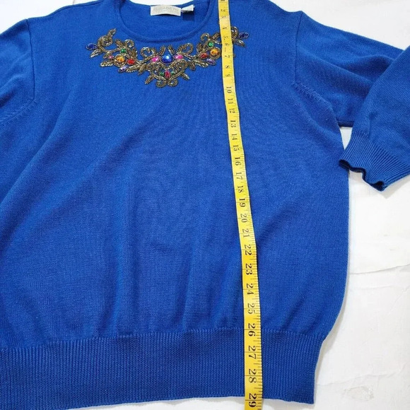 Vintage Liz Claiborne Sweater Beaded Blue Size 1 Wool Blend Crewneck Longsleeve - Picture 4 of 11